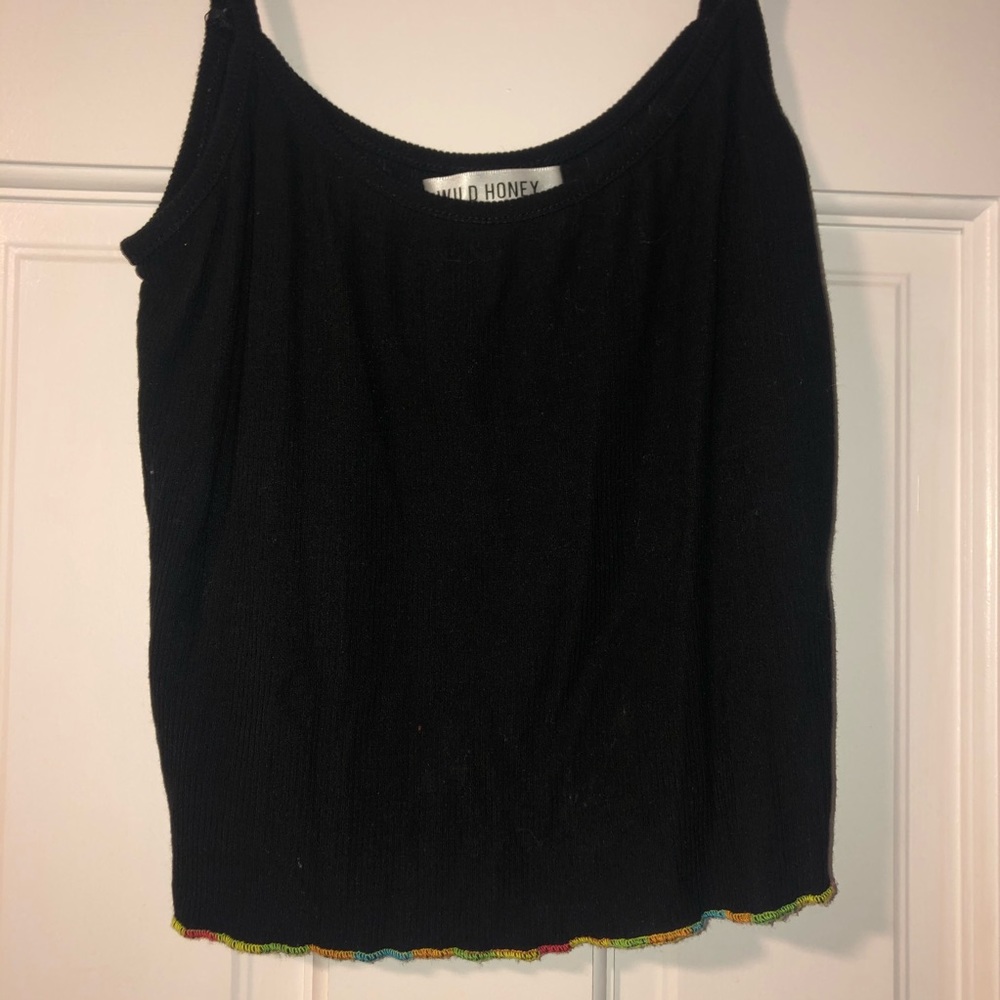 🌿 Black Ribbed Tank Top with Rainbow Trim